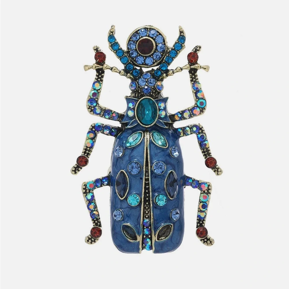 Blue Jeweled Beetle Brooch with Multicolor Crystals